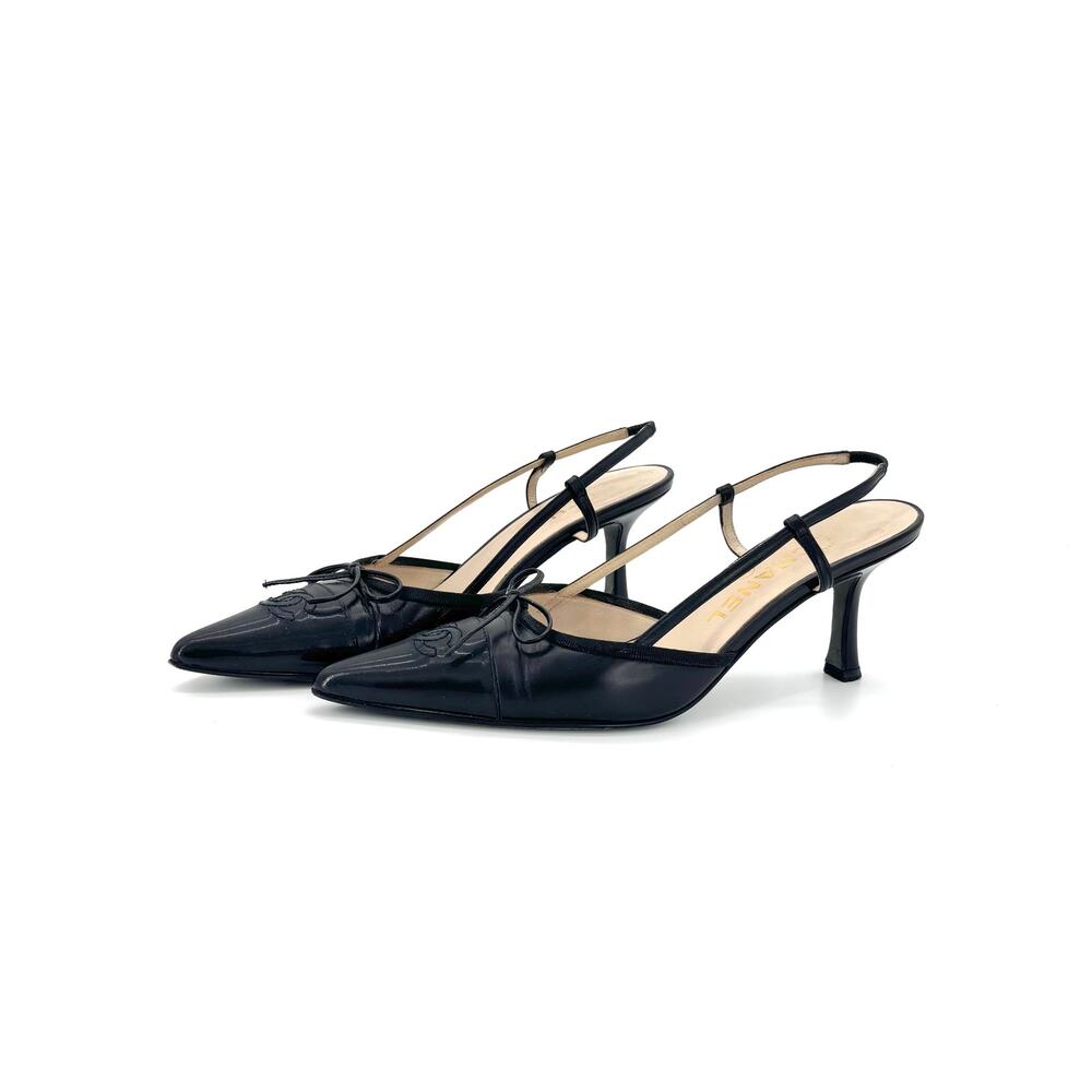 Vintage Chanel CC Logo Bow Black Leather Slingback Pointed Toe Pumps 38.5EU